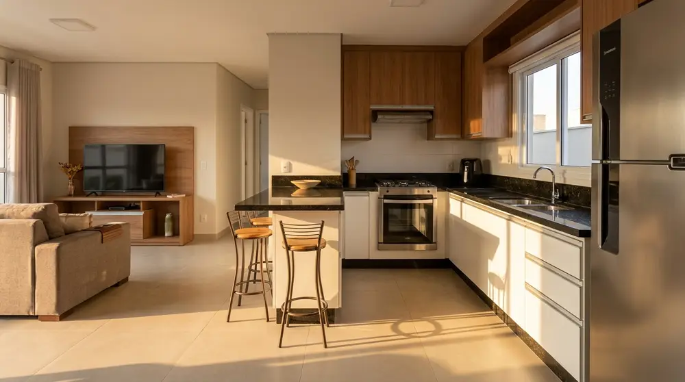 Cozinha integrada com ilha e bancada