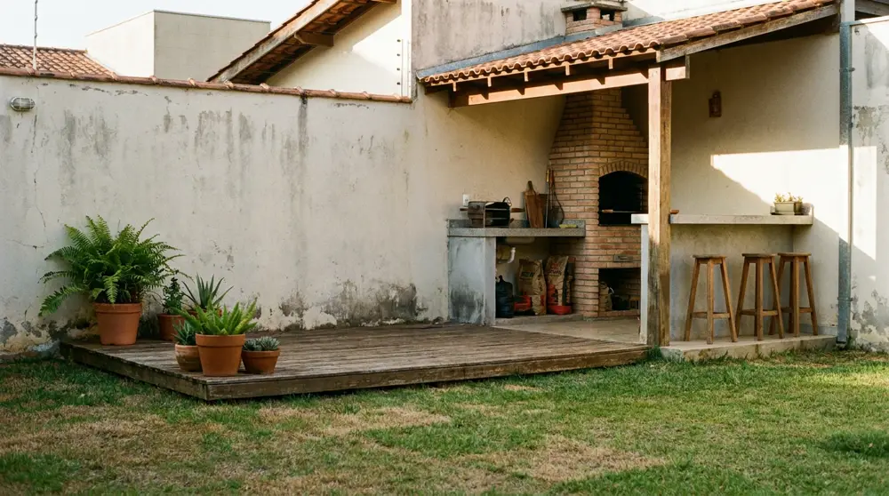 Quintal com deck de madeira e churrasqueira