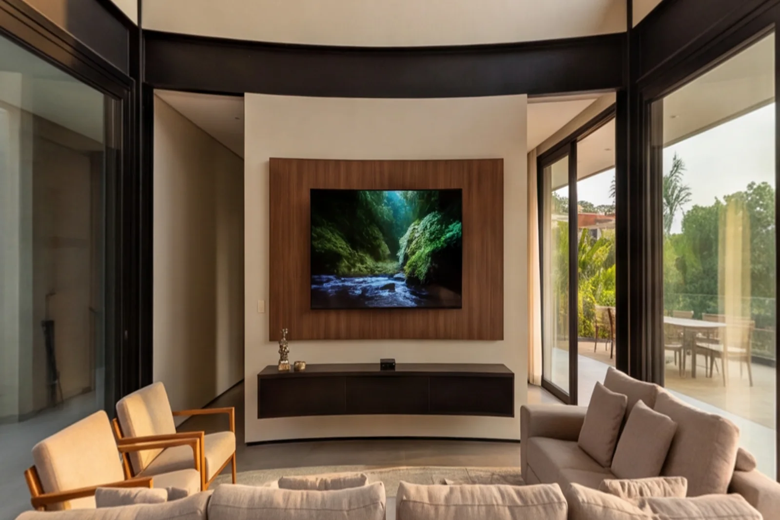 A mesma sala decorada, com TV embutida no painel de madeira, sofás e poltronas